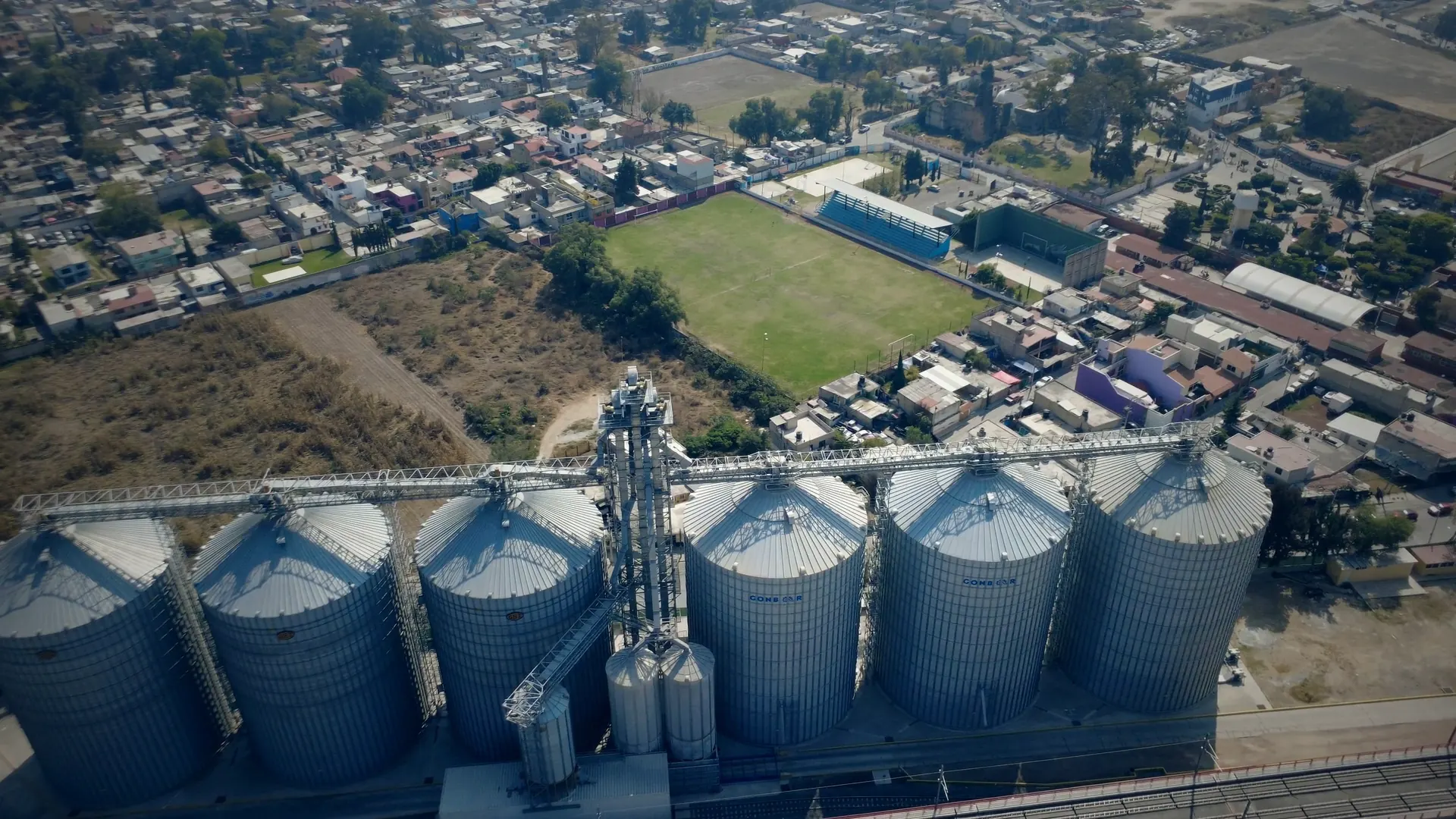 Aerial view of grain storage silos